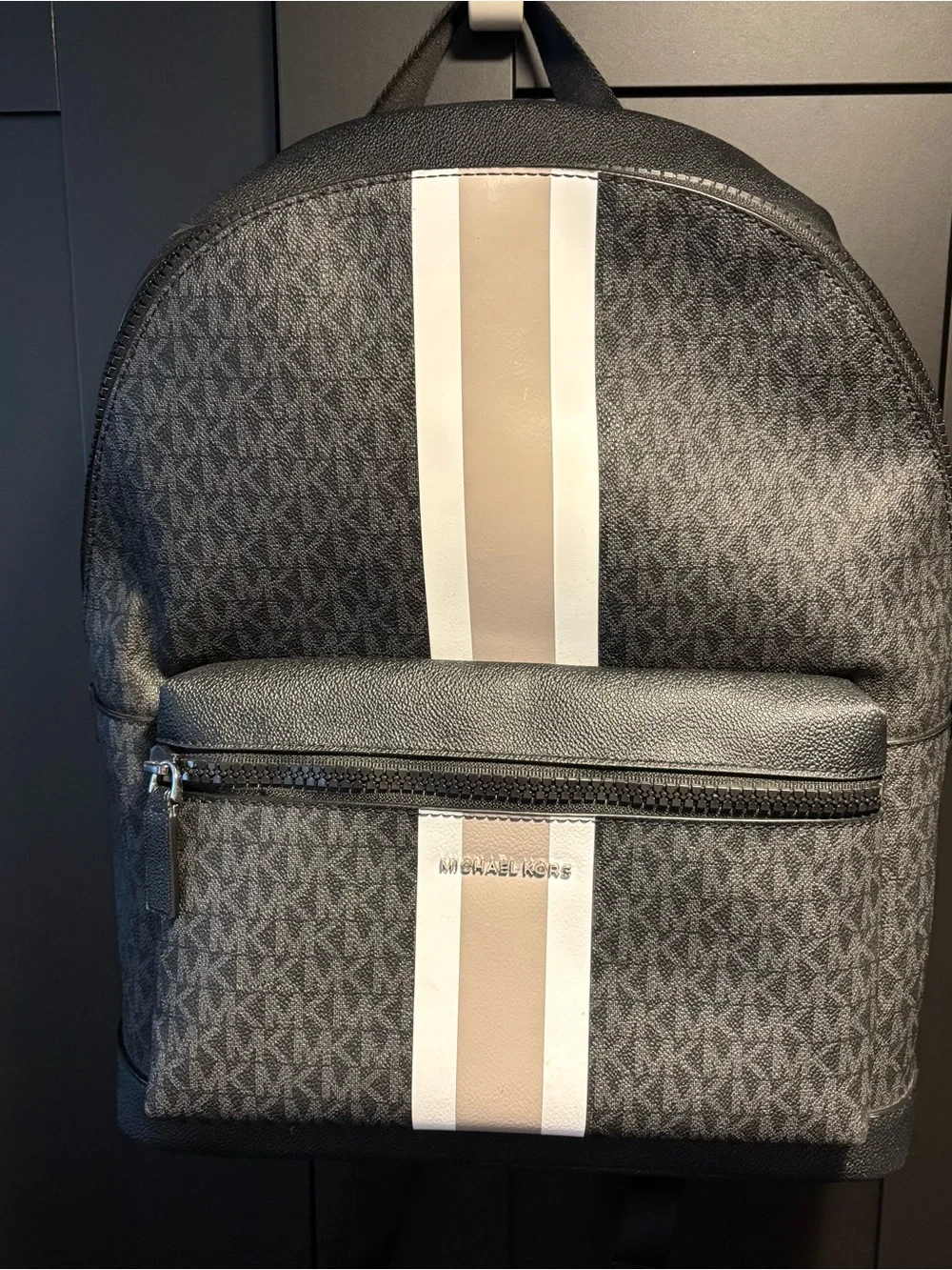 Michael Kors Black Backpack with Cream and Tan Stripe